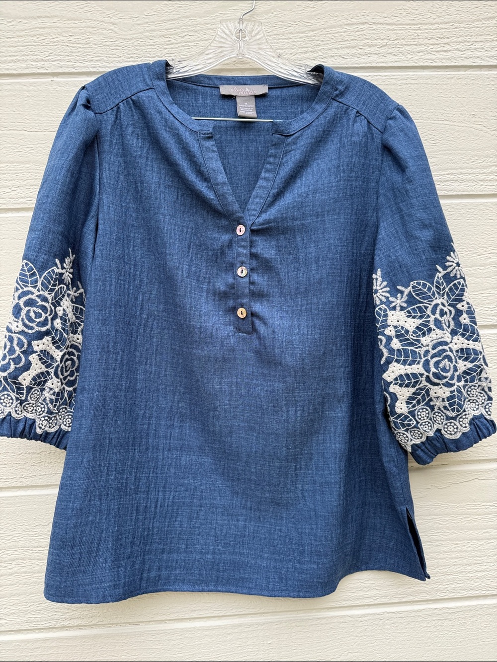 Blue Embroidered 3/4 Sleeve Tunic Top - Floral Accent Soft and Flowy.